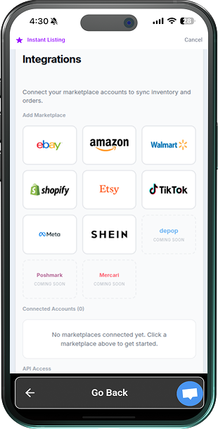 GlobalSKU multi-list feature connecting to Amazon, eBay, Shopify, Facebook, Depop, Walmart, and Whatnot marketplaces